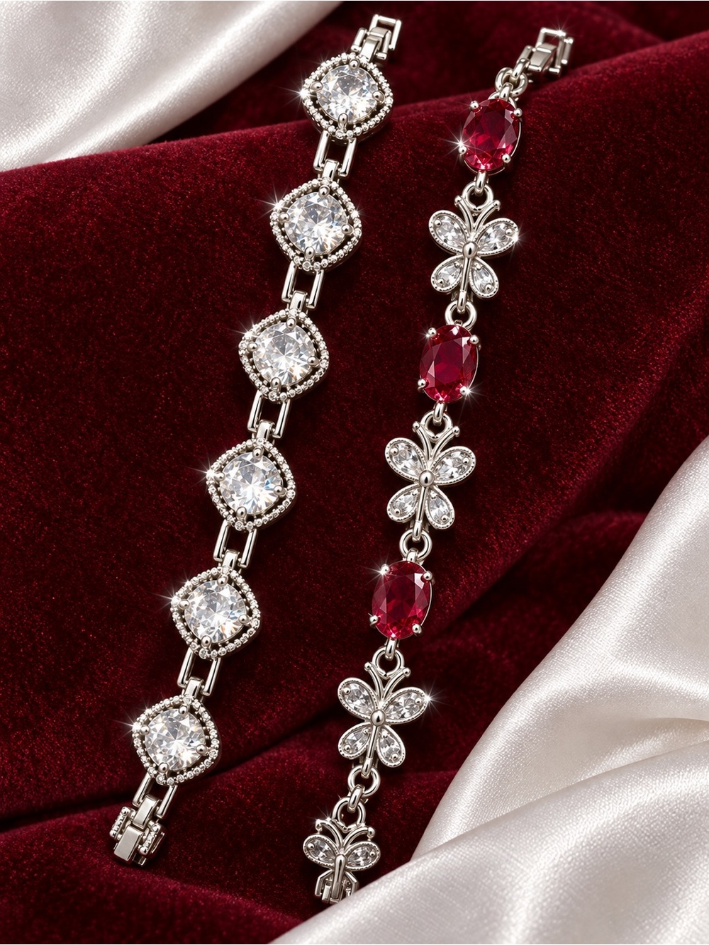Silver Crystal and Ruby-Red Bracelet Set hypoallergenic- Women Jewelry
